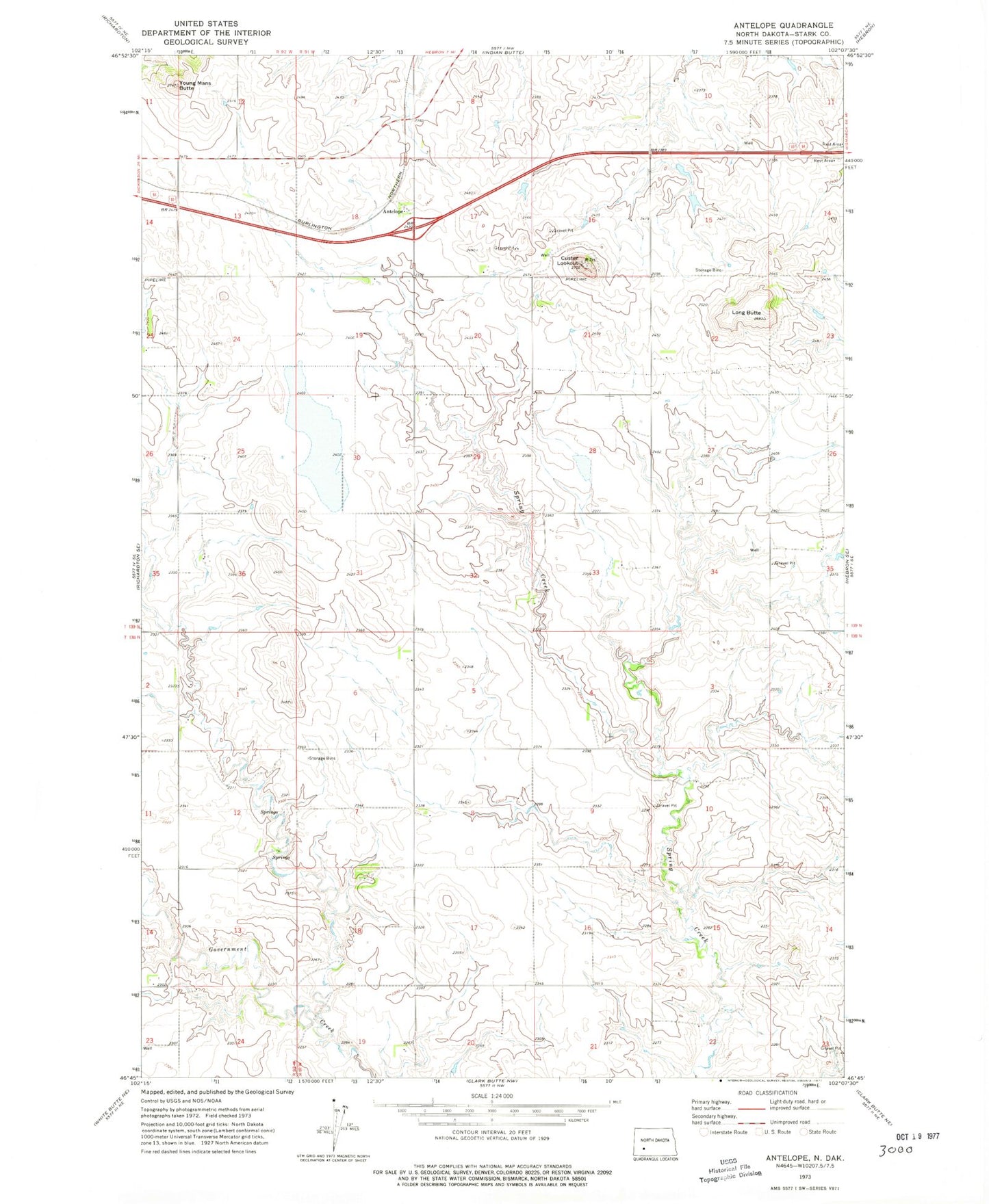 Classic USGS Antelope North Dakota 7.5'x7.5' Topo Map Image