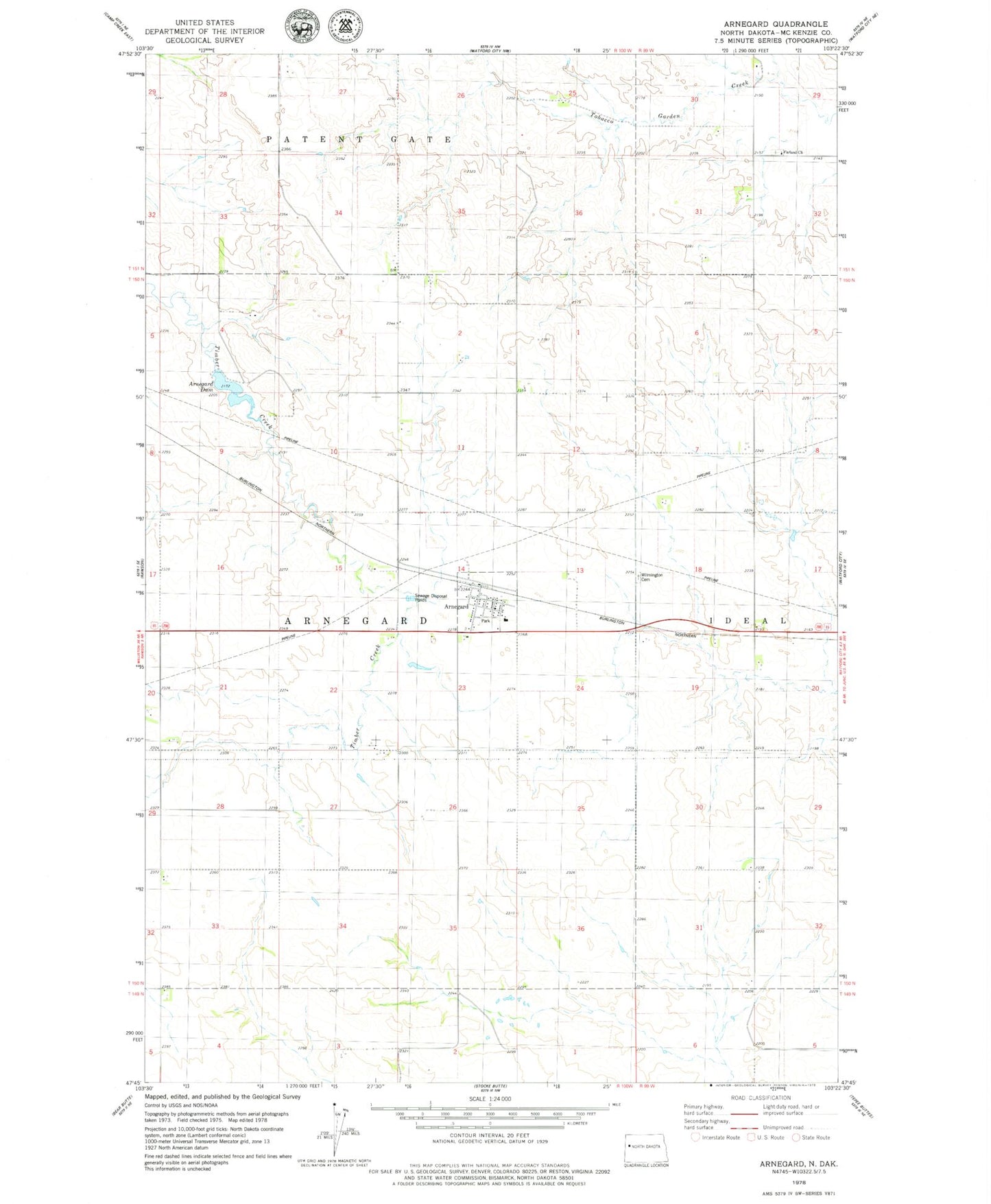 Classic USGS Arnegard North Dakota 7.5'x7.5' Topo Map Image