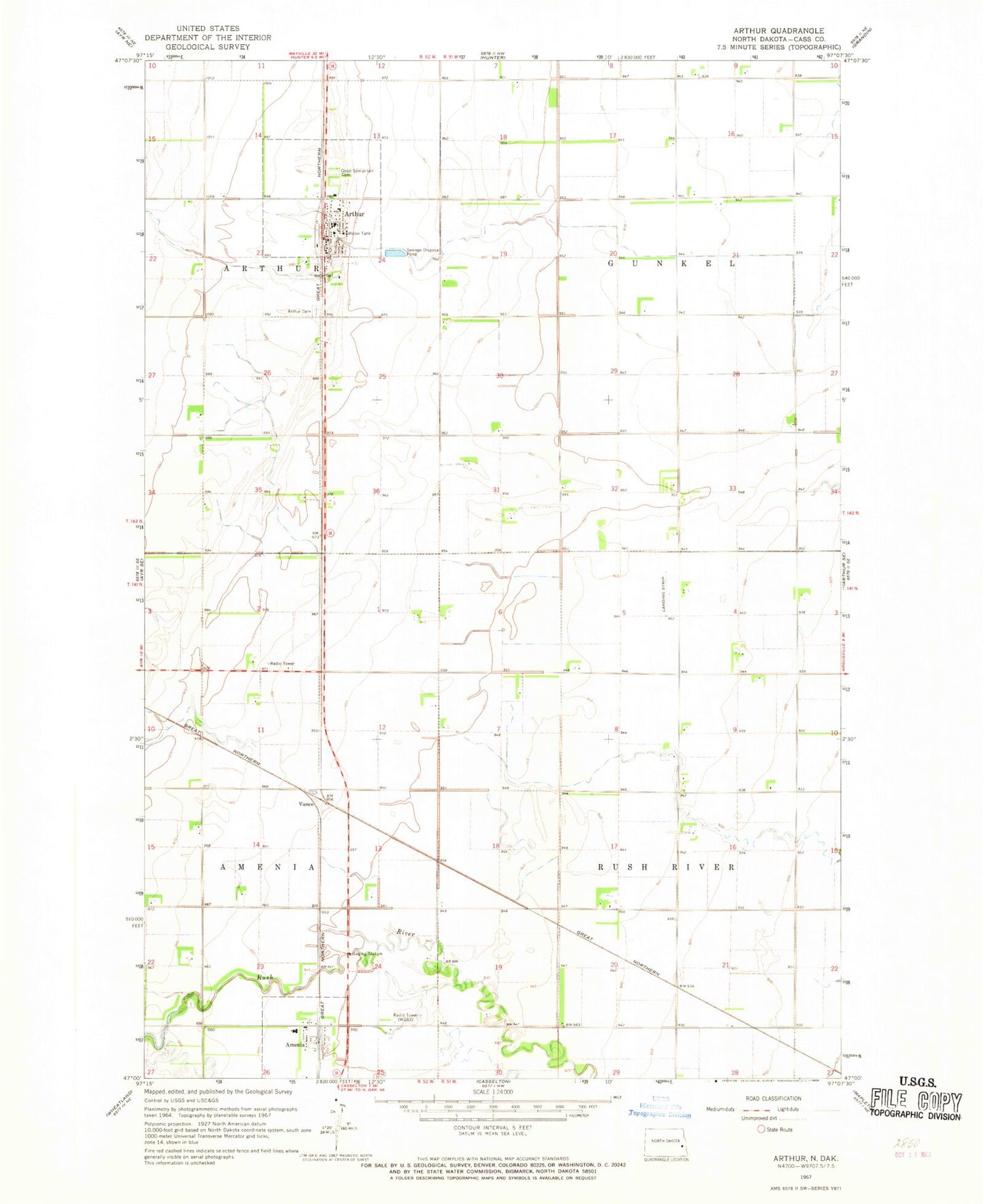 Classic USGS Arthur North Dakota 7.5'x7.5' Topo Map Image