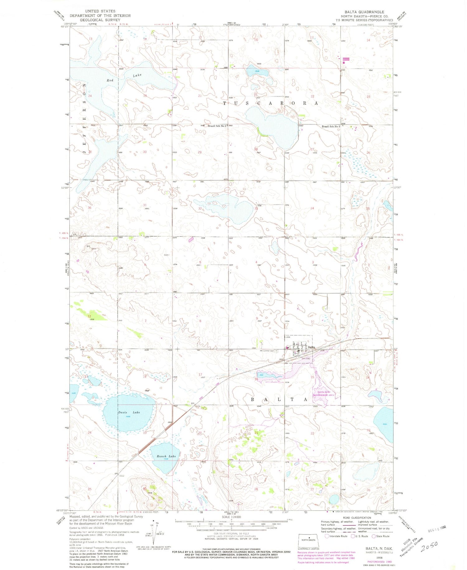 Classic USGS Balta North Dakota 7.5'x7.5' Topo Map Image