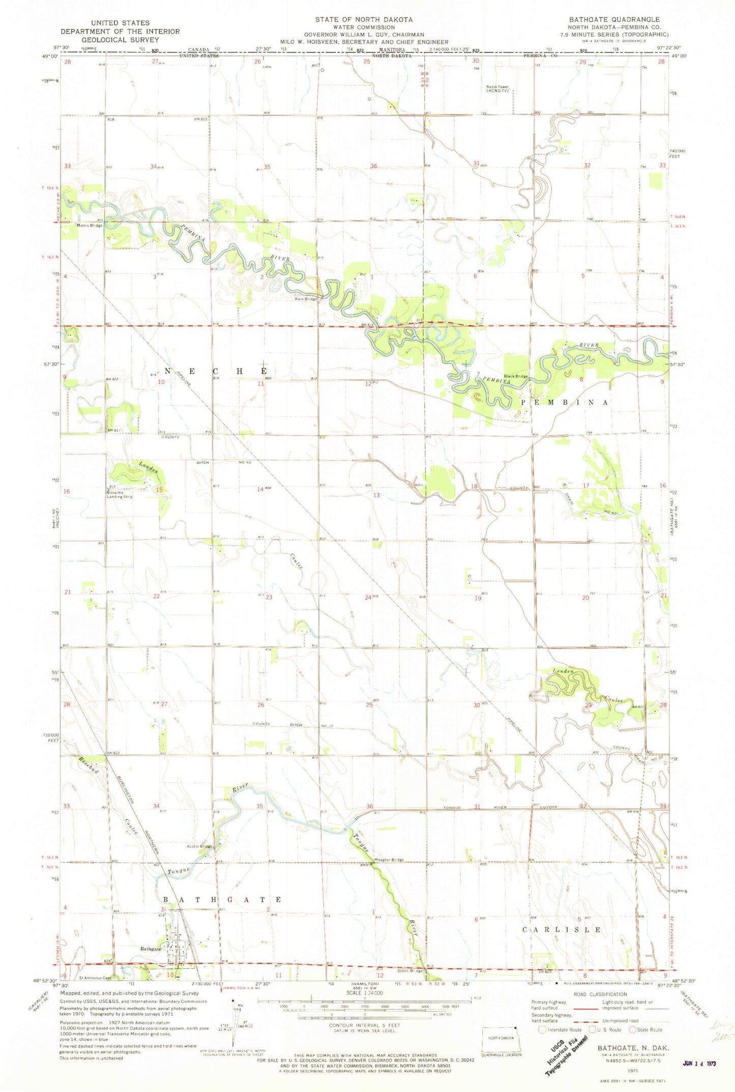 Classic USGS Bathgate North Dakota 7.5'x7.5' Topo Map Image