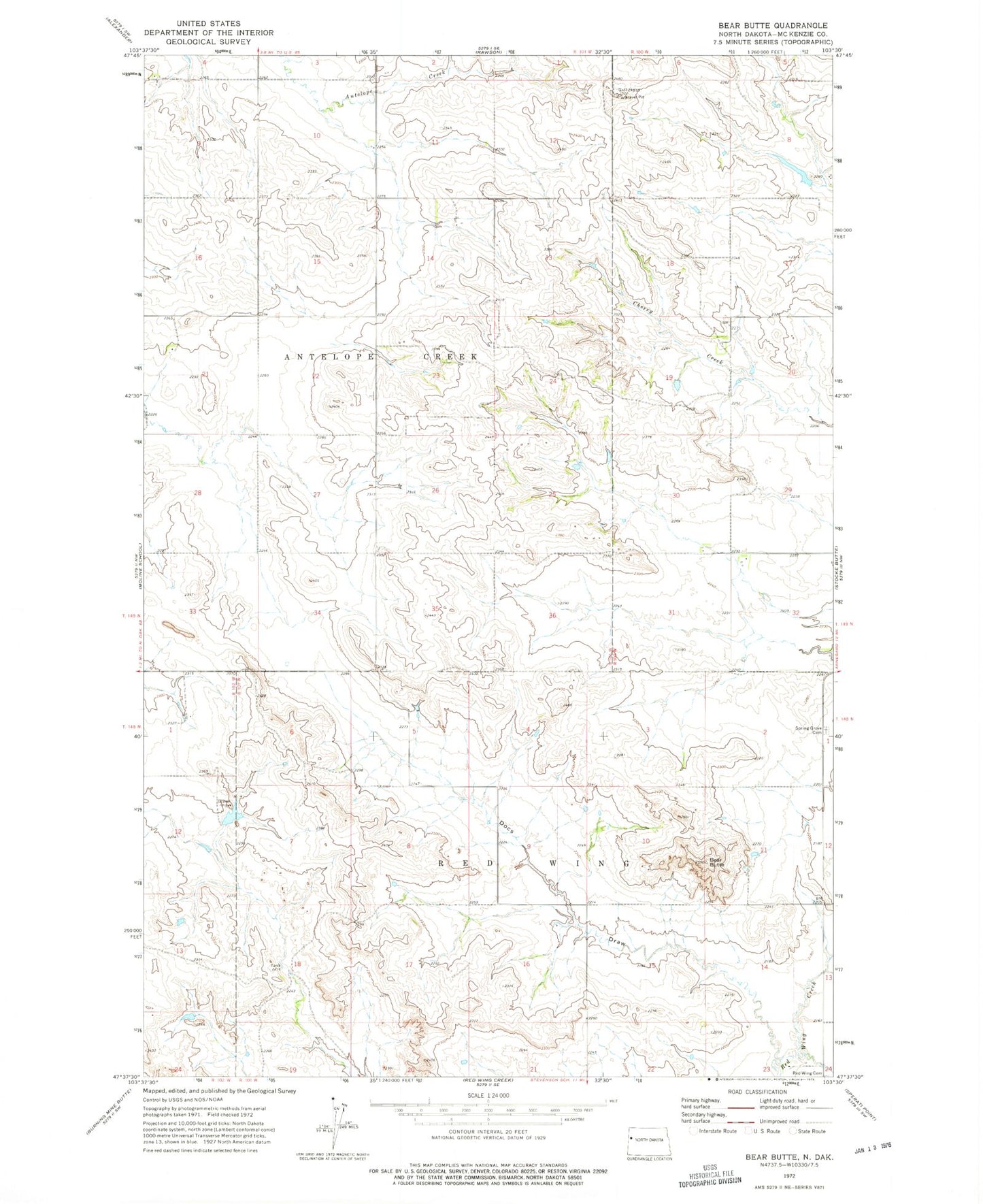 Classic USGS Bear Butte North Dakota 7.5'x7.5' Topo Map Image