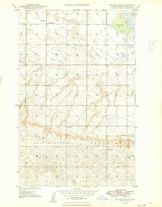 Classic USGS Beaver Lake North Dakota 7.5'x7.5' Topo Map Image