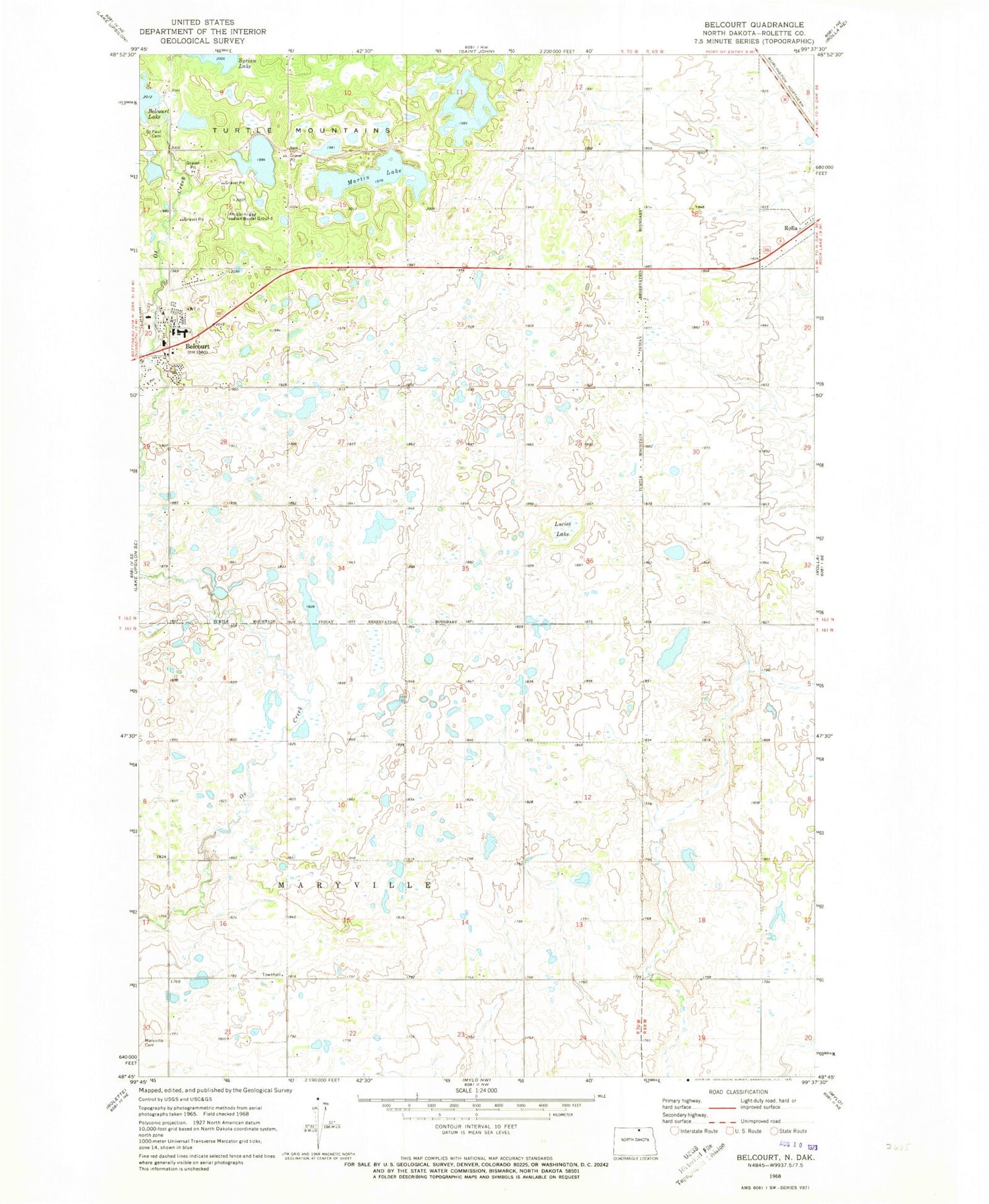 Classic USGS Belcourt North Dakota 7.5'x7.5' Topo Map Image