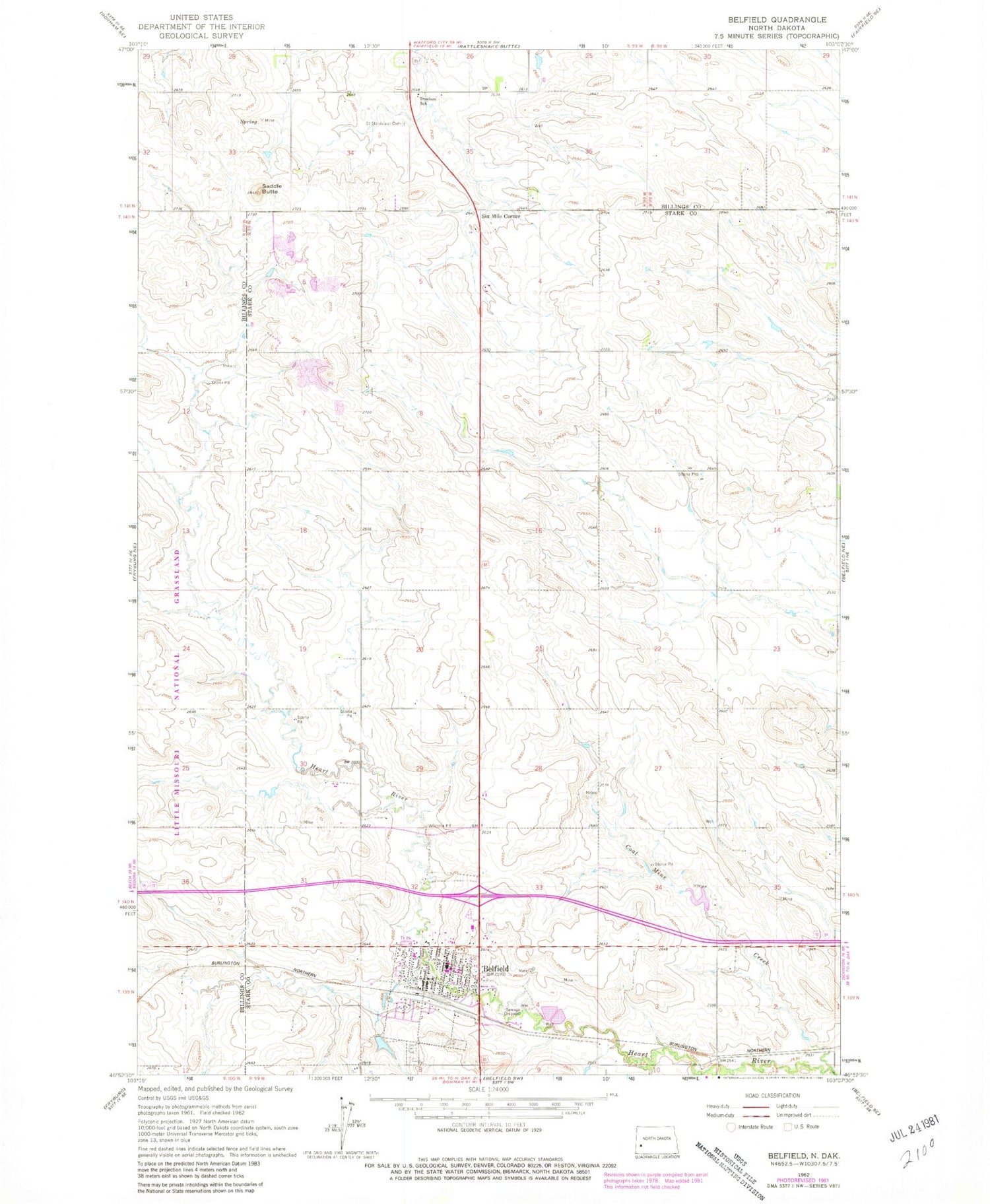 Classic USGS Belfield North Dakota 7.5'x7.5' Topo Map Image