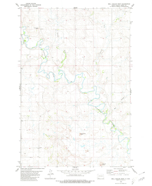 Classic USGS Bell Coulee West North Dakota 7.5'x7.5' Topo Map Image