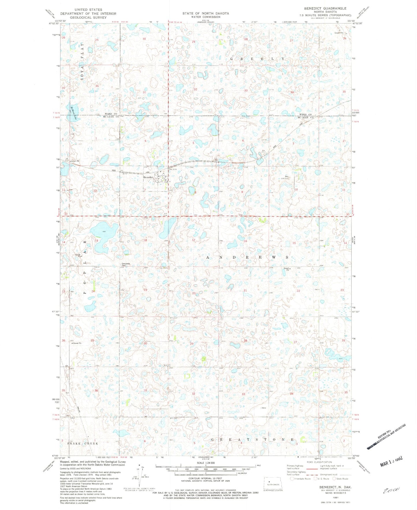 Classic USGS Benedict North Dakota 7.5'x7.5' Topo Map Image