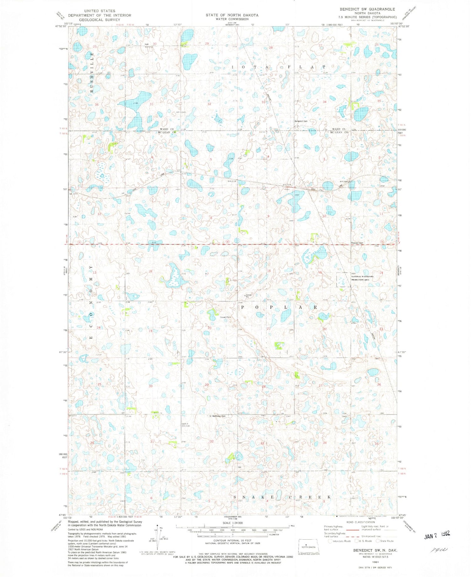 Classic USGS Benedict SW North Dakota 7.5'x7.5' Topo Map Image