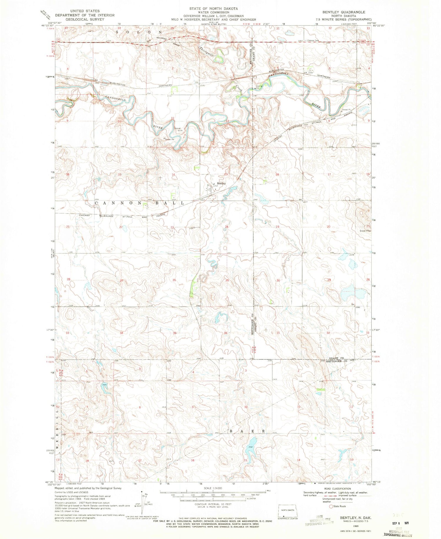 Classic USGS Bentley North Dakota 7.5'x7.5' Topo Map Image