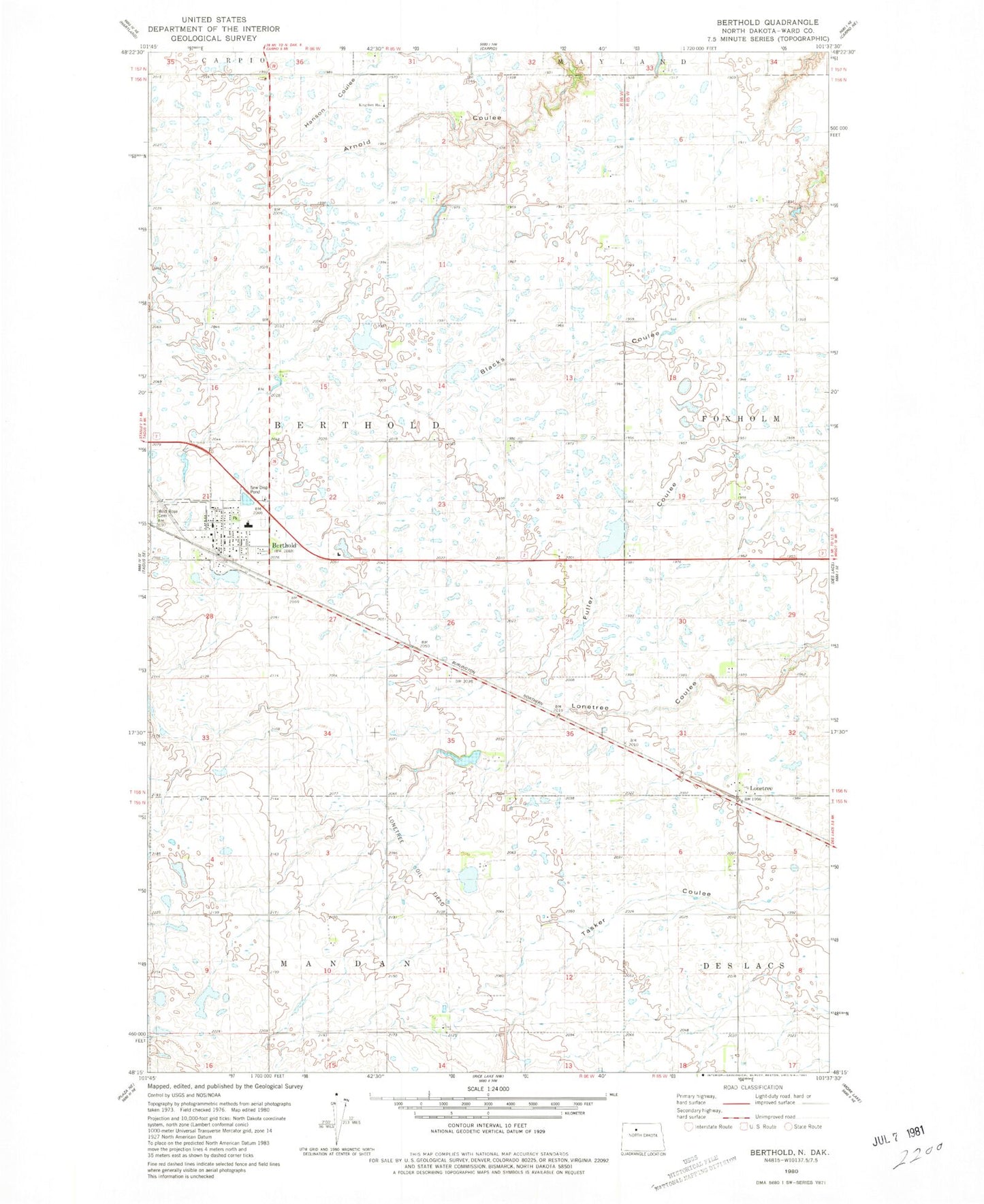 Classic USGS Berthold North Dakota 7.5'x7.5' Topo Map Image