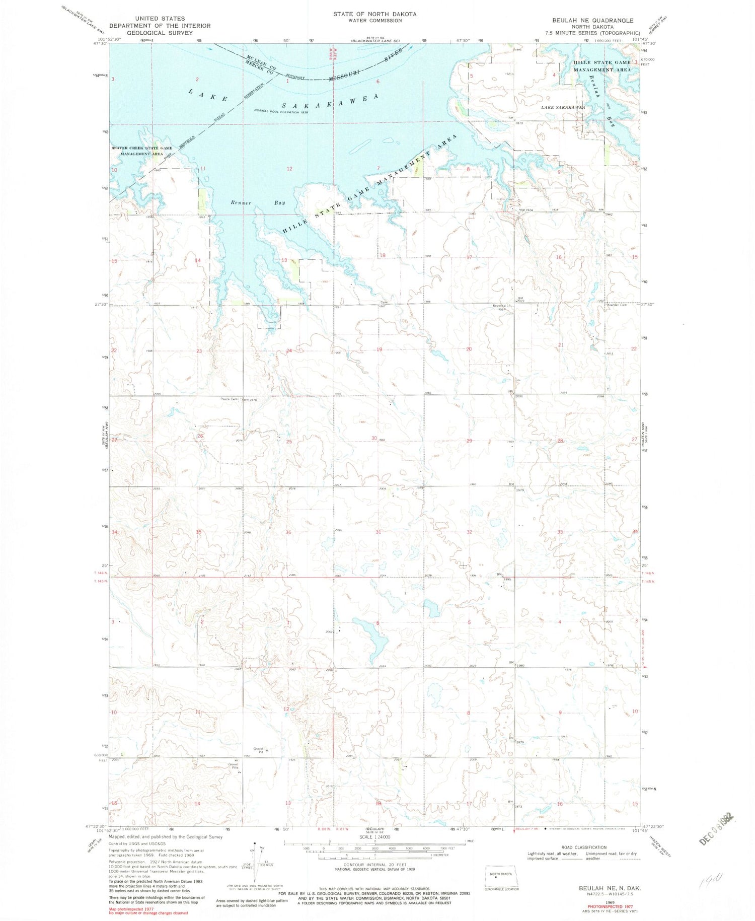 Classic USGS Beulah NE North Dakota 7.5'x7.5' Topo Map Image