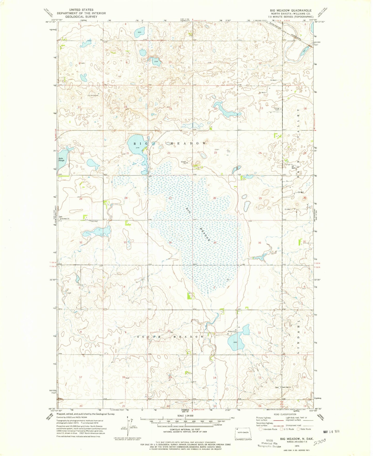 Classic USGS Big Meadow North Dakota 7.5'x7.5' Topo Map Image