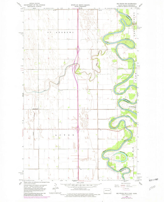 Classic USGS Big Woods NW North Dakota 7.5'x7.5' Topo Map Image