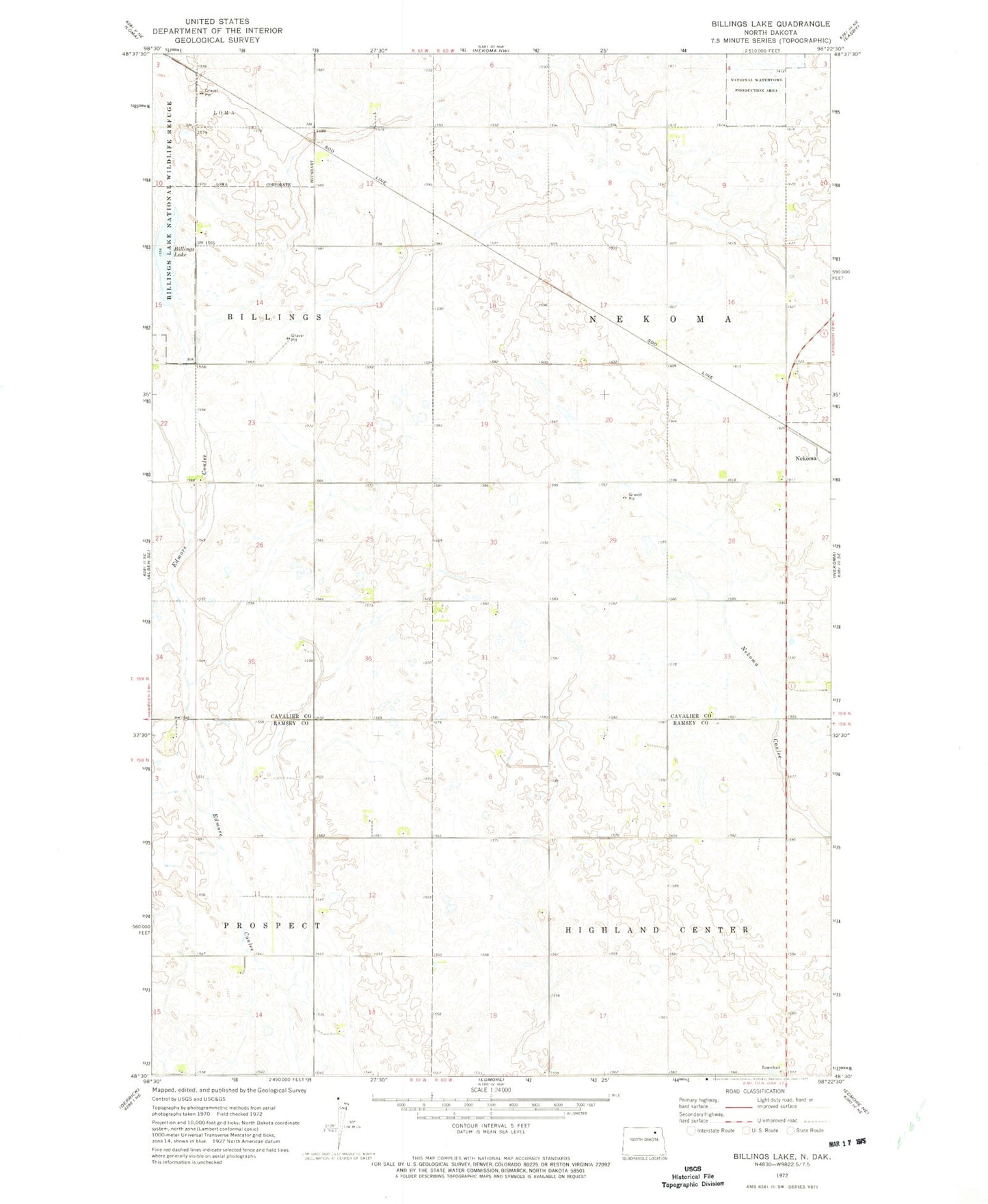 Classic USGS Billings Lake North Dakota 7.5'x7.5' Topo Map Image