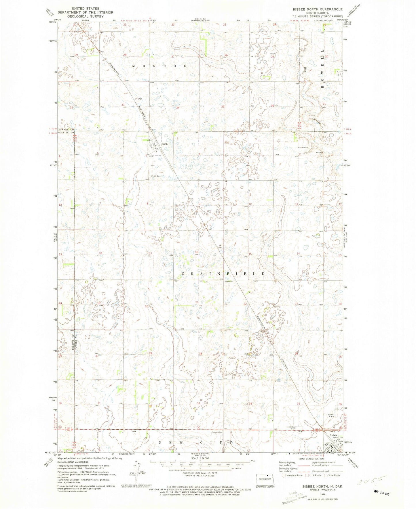Classic USGS Bisbee North North Dakota 7.5'x7.5' Topo Map Image