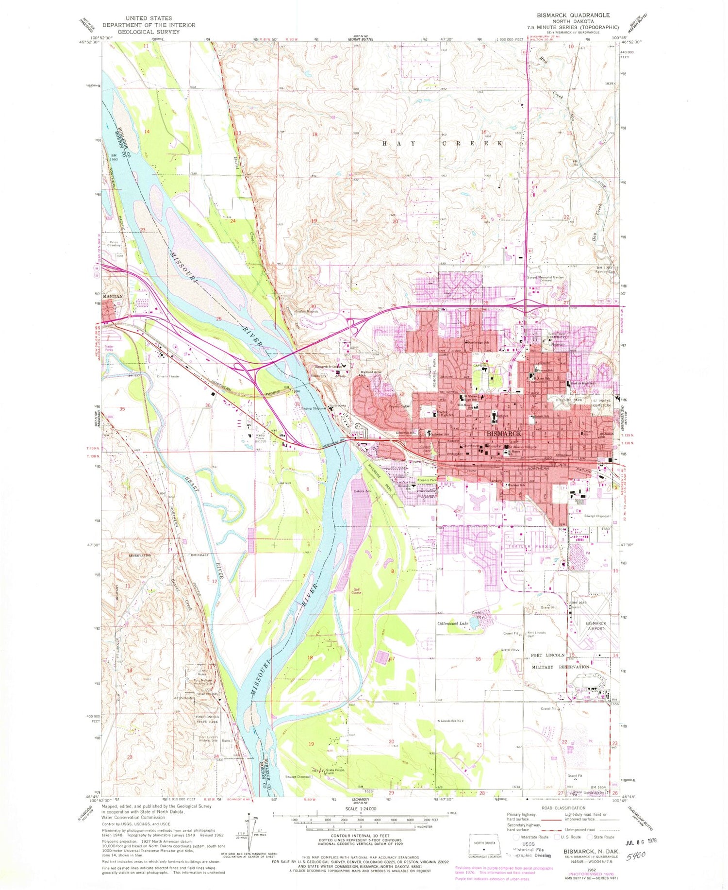 Classic USGS Bismarck North Dakota 7.5'x7.5' Topo Map Image
