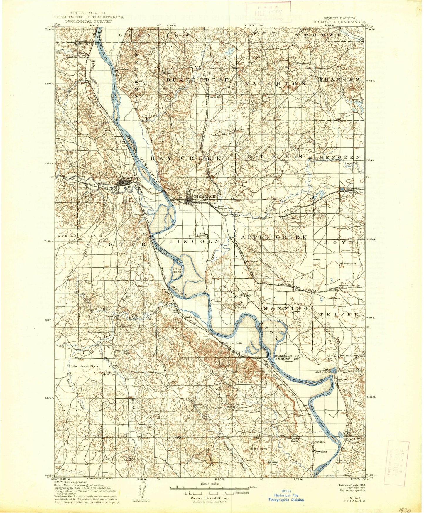 Historic 1907 Bismark North Dakota 30'x30' Topo Map Image