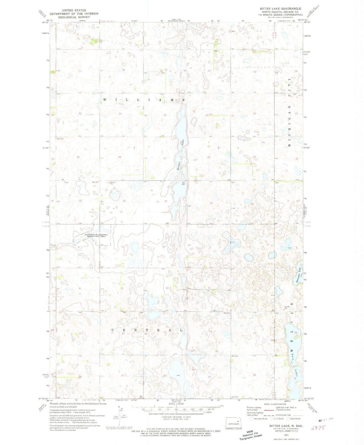 Classic USGS Bitter Lake North Dakota 7.5'x7.5' Topo Map Image
