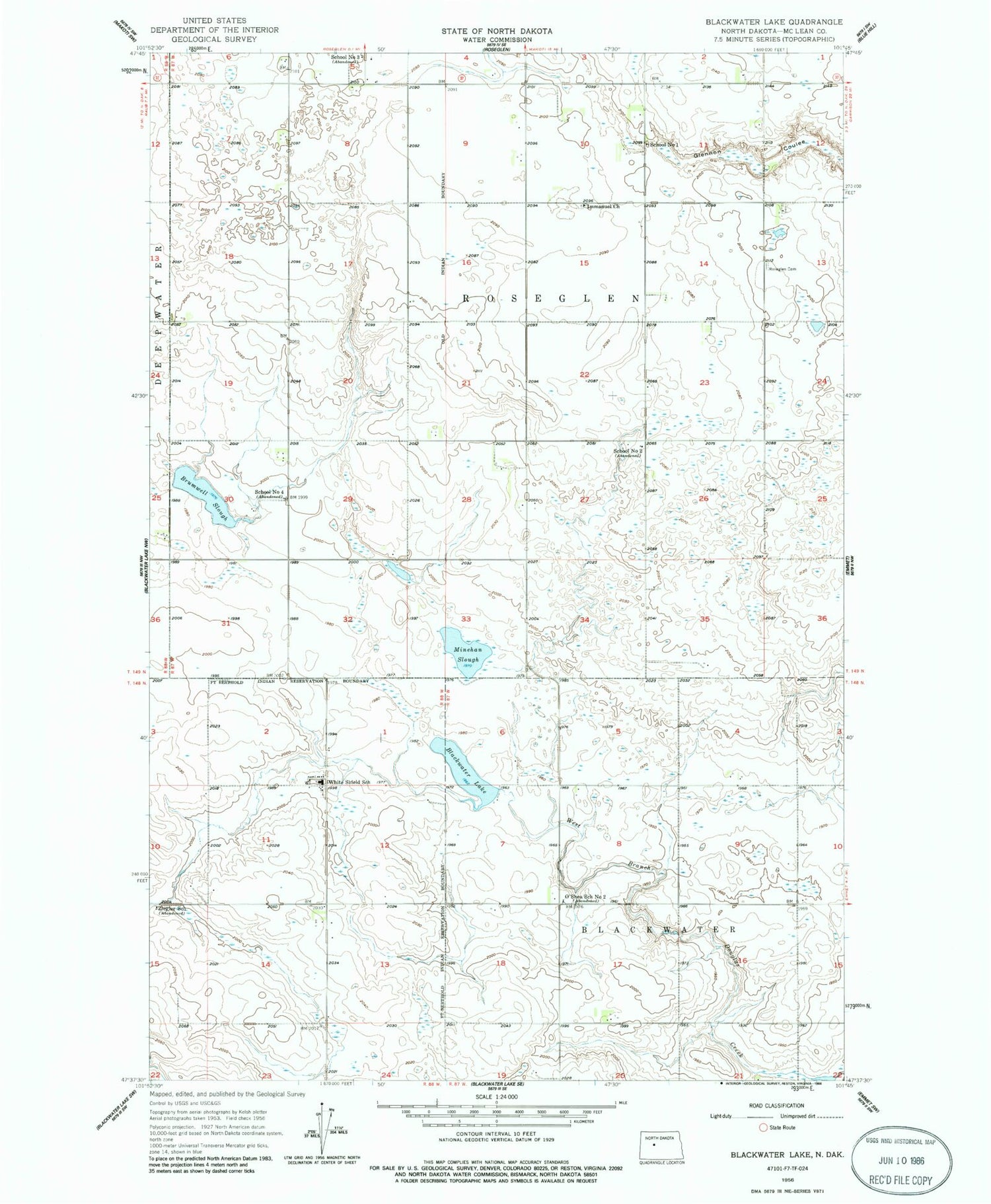 Classic USGS Blackwater Lake North Dakota 7.5'x7.5' Topo Map Image