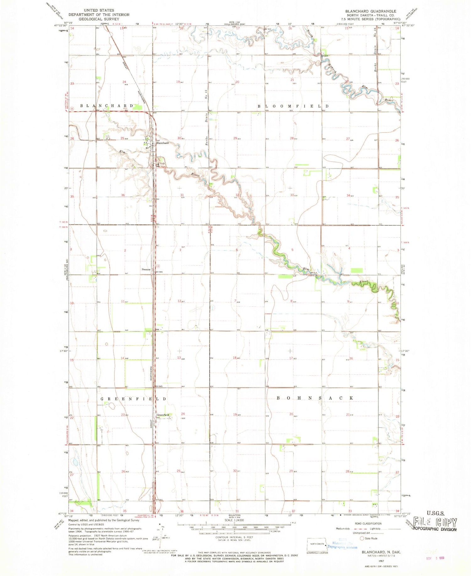 Classic USGS Blanchard North Dakota 7.5'x7.5' Topo Map Image