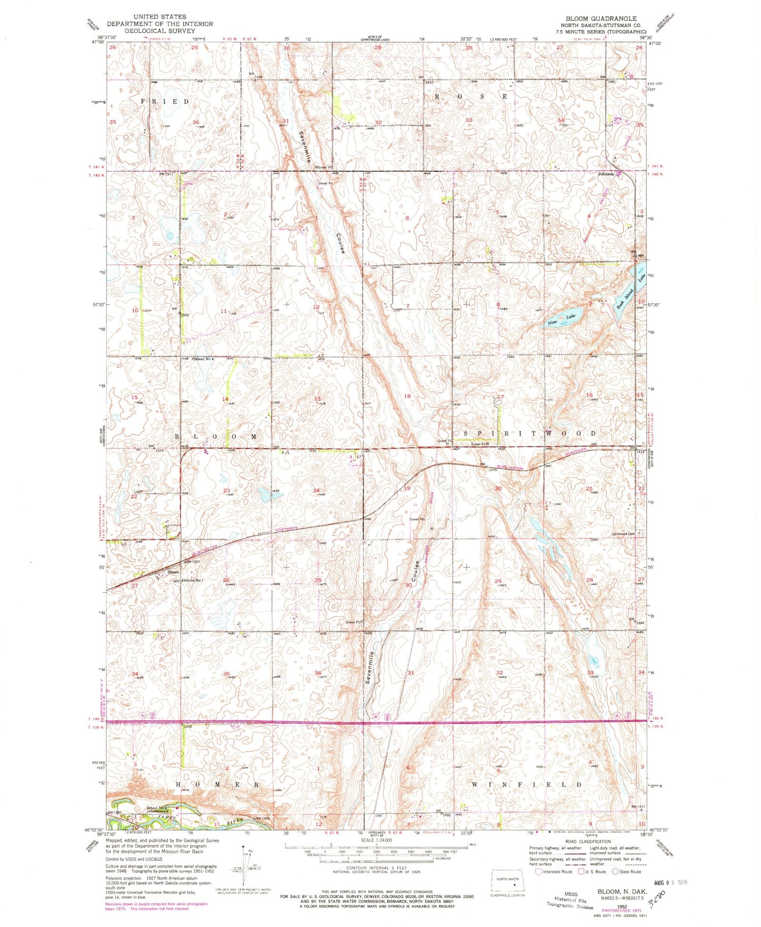 Classic USGS Bloom North Dakota 7.5'x7.5' Topo Map Image