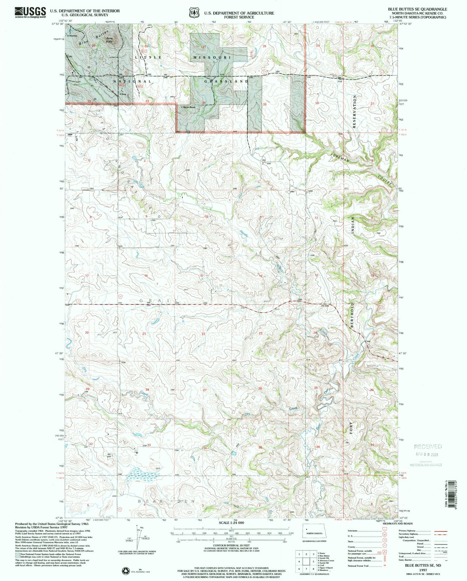 Classic USGS Blue Buttes SE North Dakota 7.5'x7.5' Topo Map Image