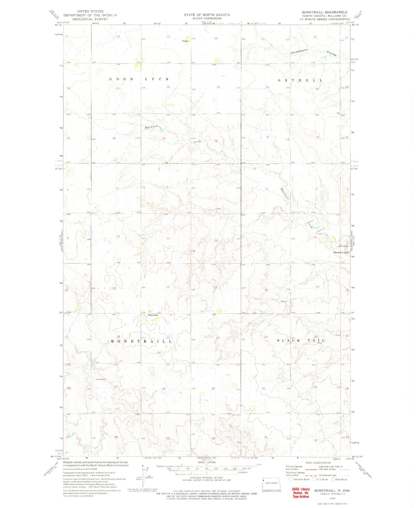 Classic USGS Bonetraill North Dakota 7.5'x7.5' Topo Map Image
