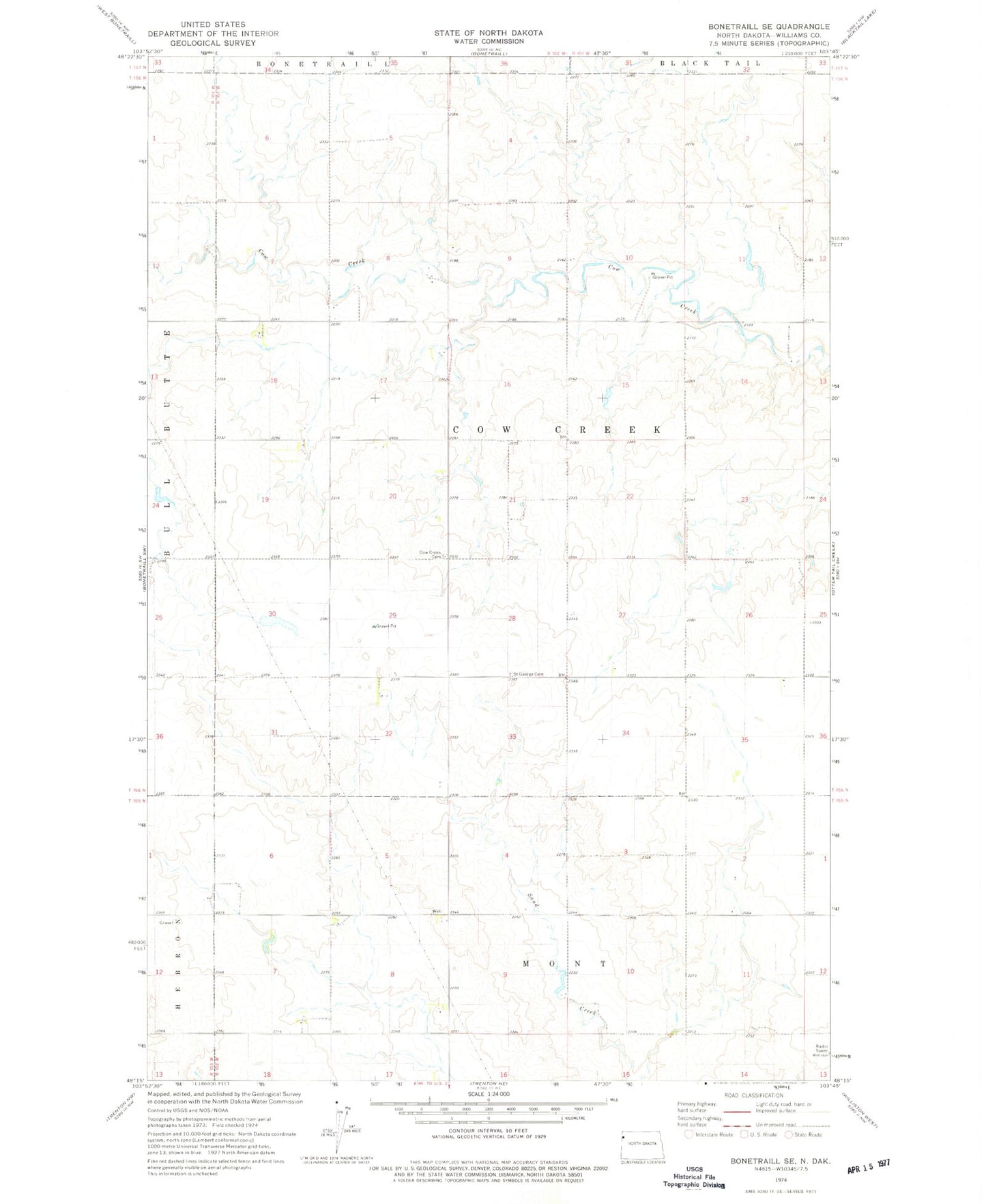 Classic USGS Bonetraill SE North Dakota 7.5'x7.5' Topo Map Image