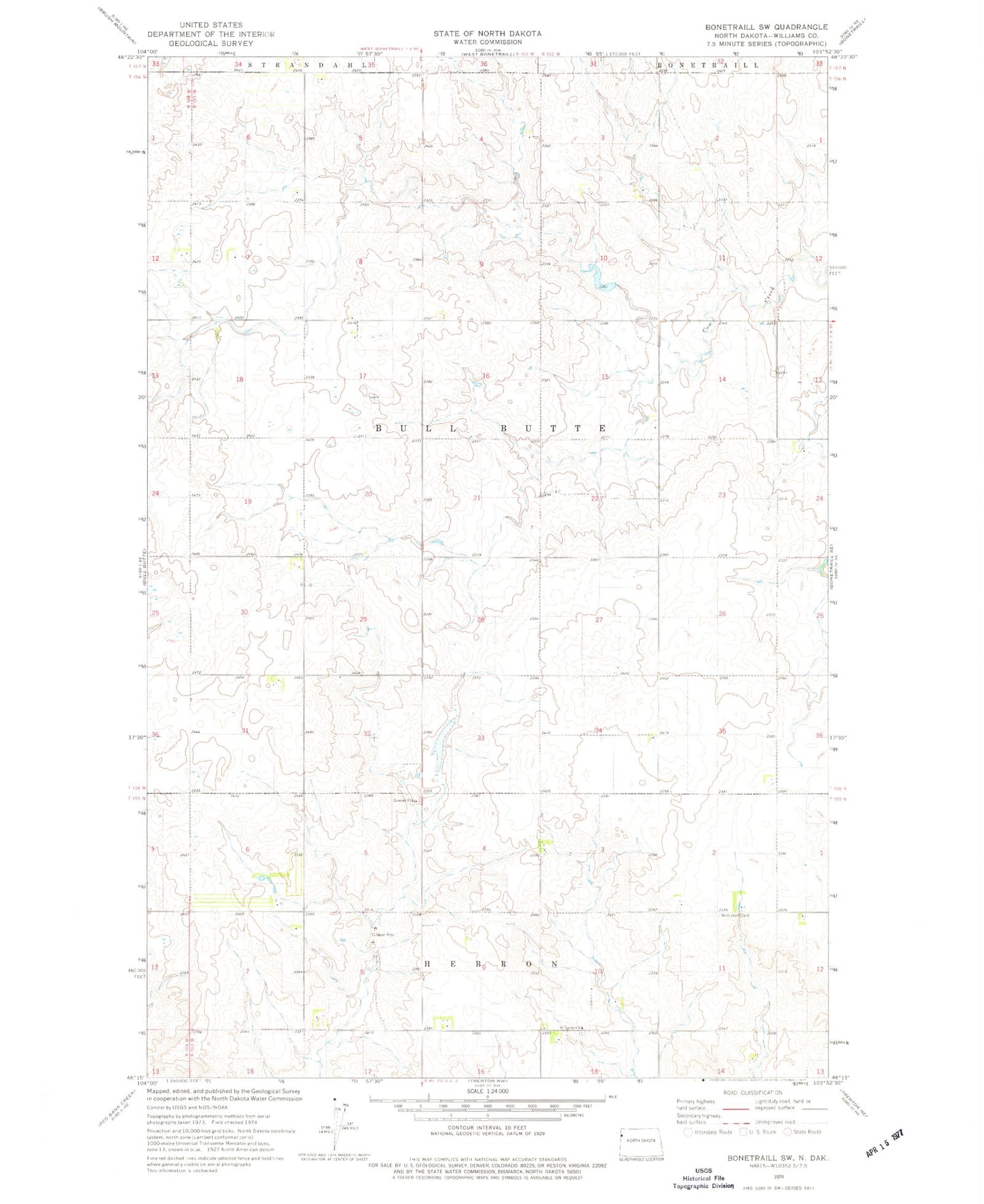 Classic USGS Bonetraill SW North Dakota 7.5'x7.5' Topo Map Image