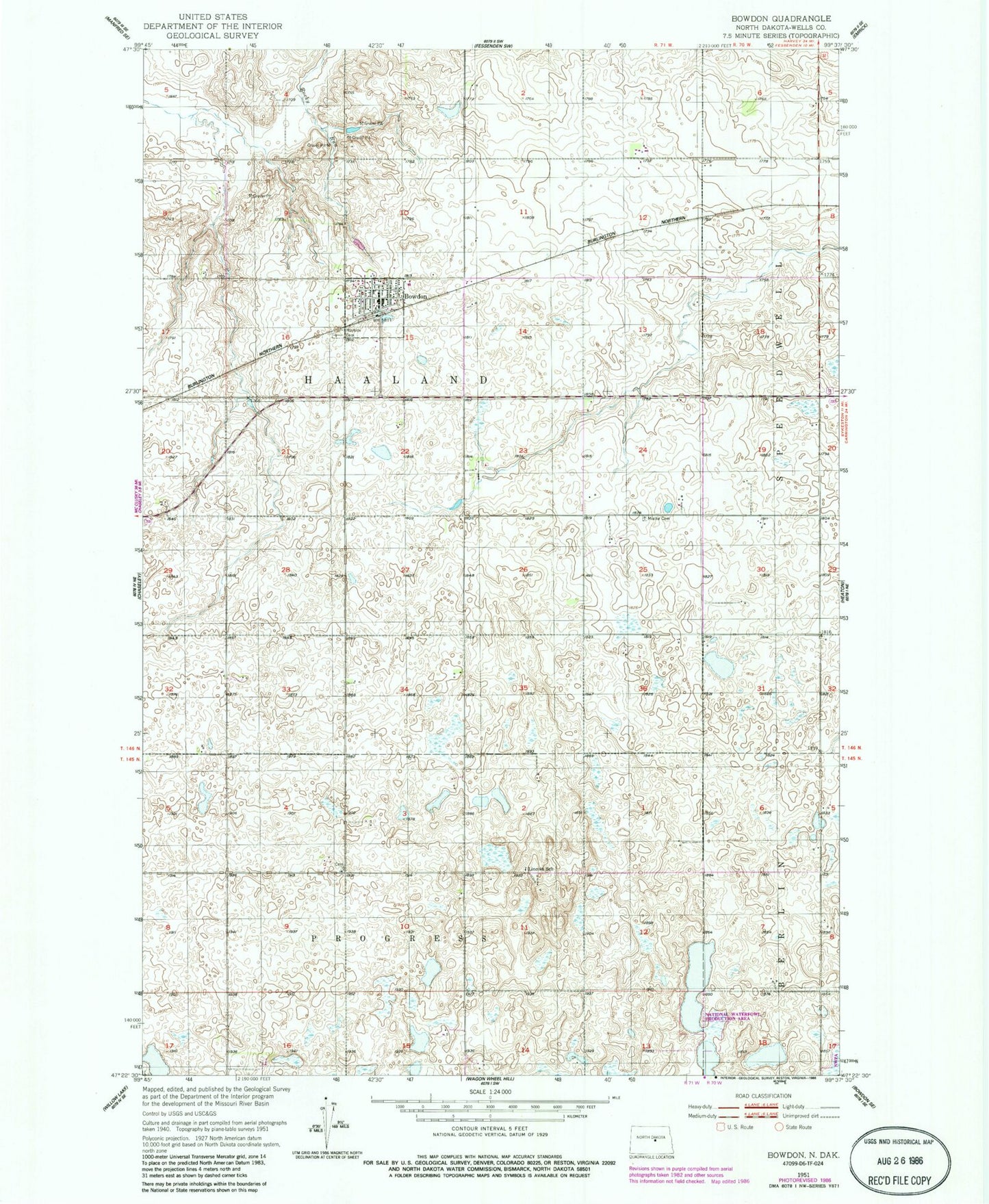 Classic USGS Bowdon North Dakota 7.5'x7.5' Topo Map Image