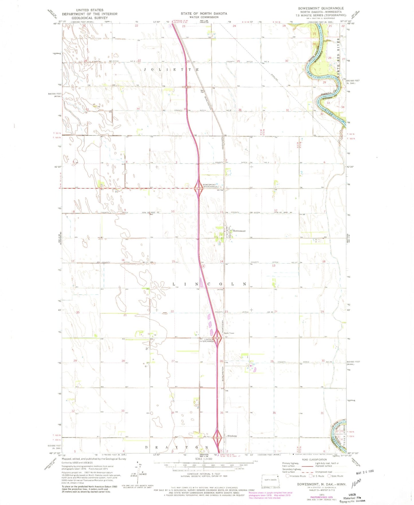 Classic USGS Bowesmont North Dakota 7.5'x7.5' Topo Map Image