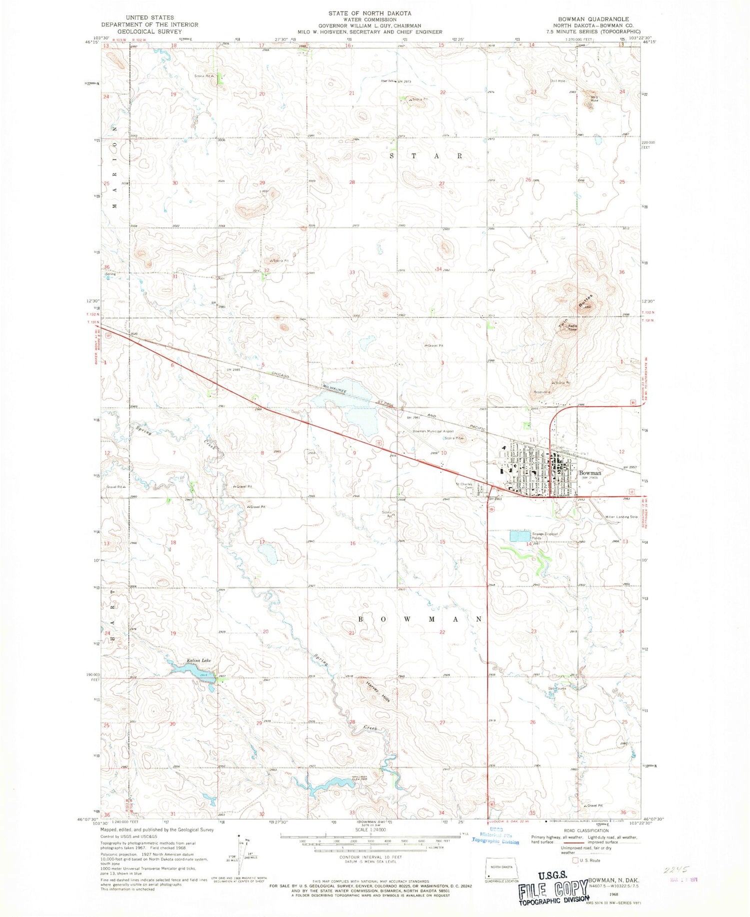 Classic USGS Bowman North Dakota 7.5'x7.5' Topo Map Image