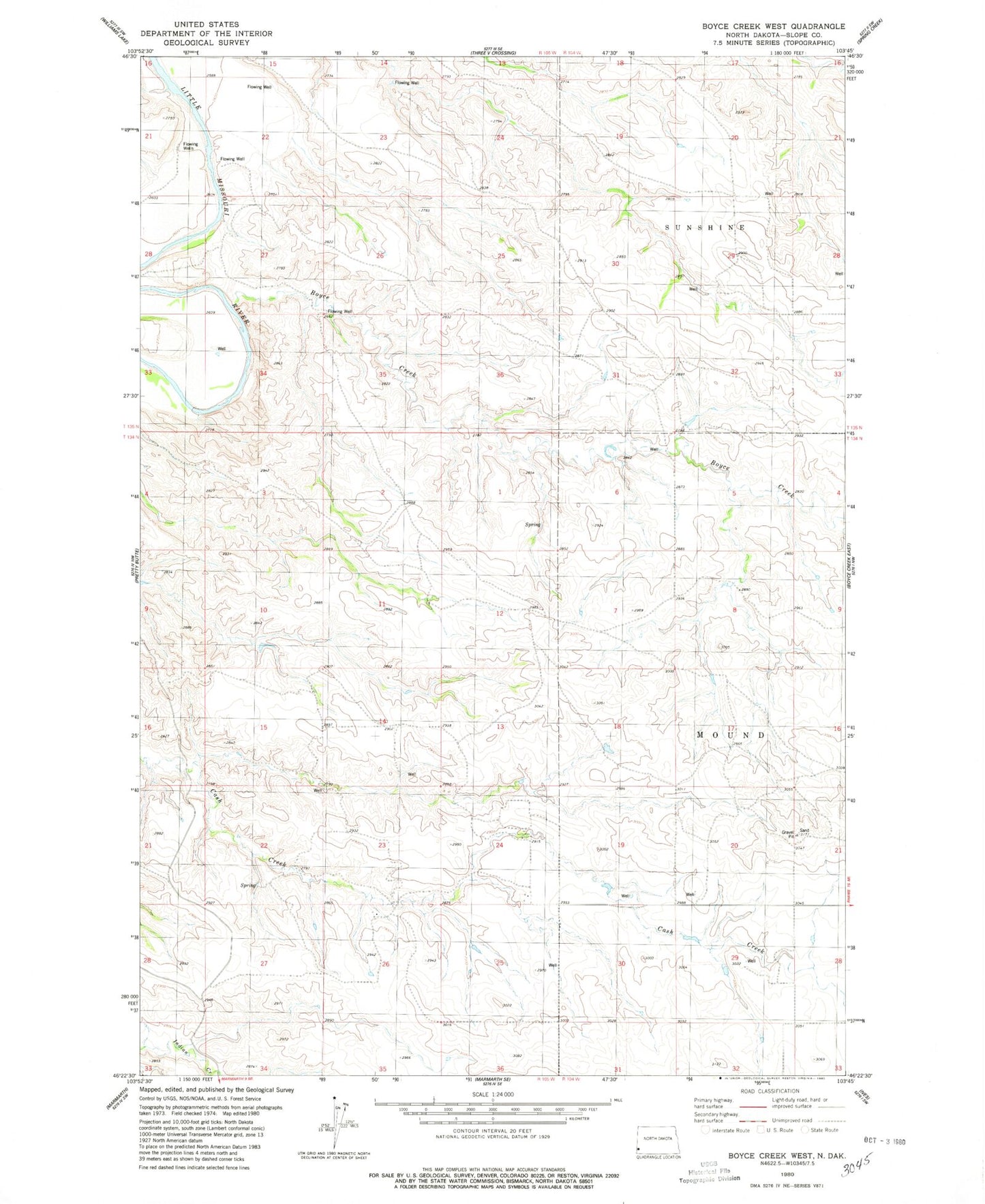 Classic USGS Boyce Creek West North Dakota 7.5'x7.5' Topo Map Image