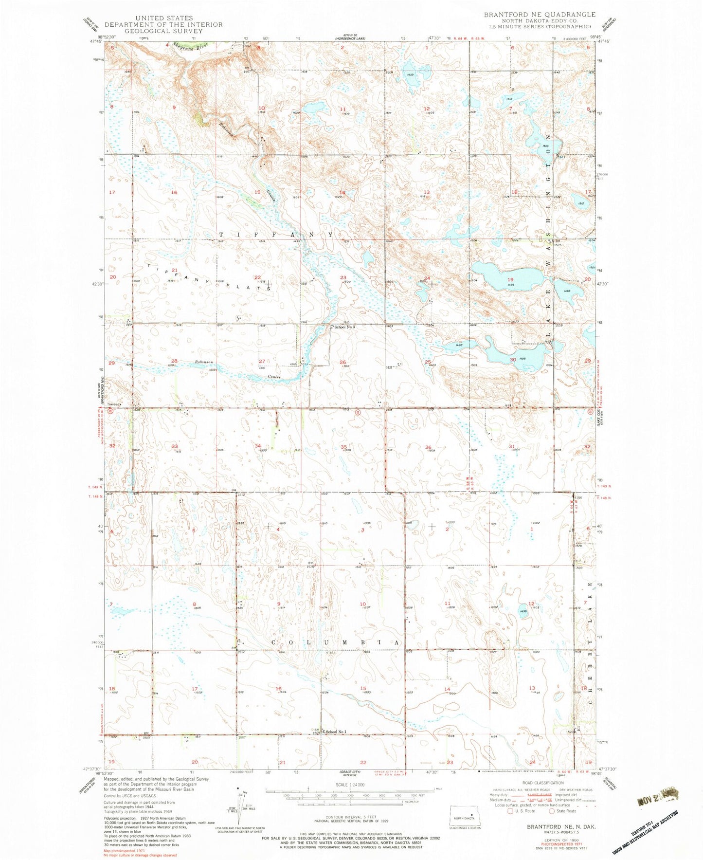 Classic USGS Brantford NE North Dakota 7.5'x7.5' Topo Map Image