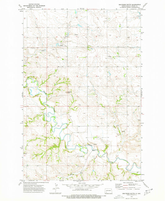 Classic USGS Bratburg Butte North Dakota 7.5'x7.5' Topo Map Image