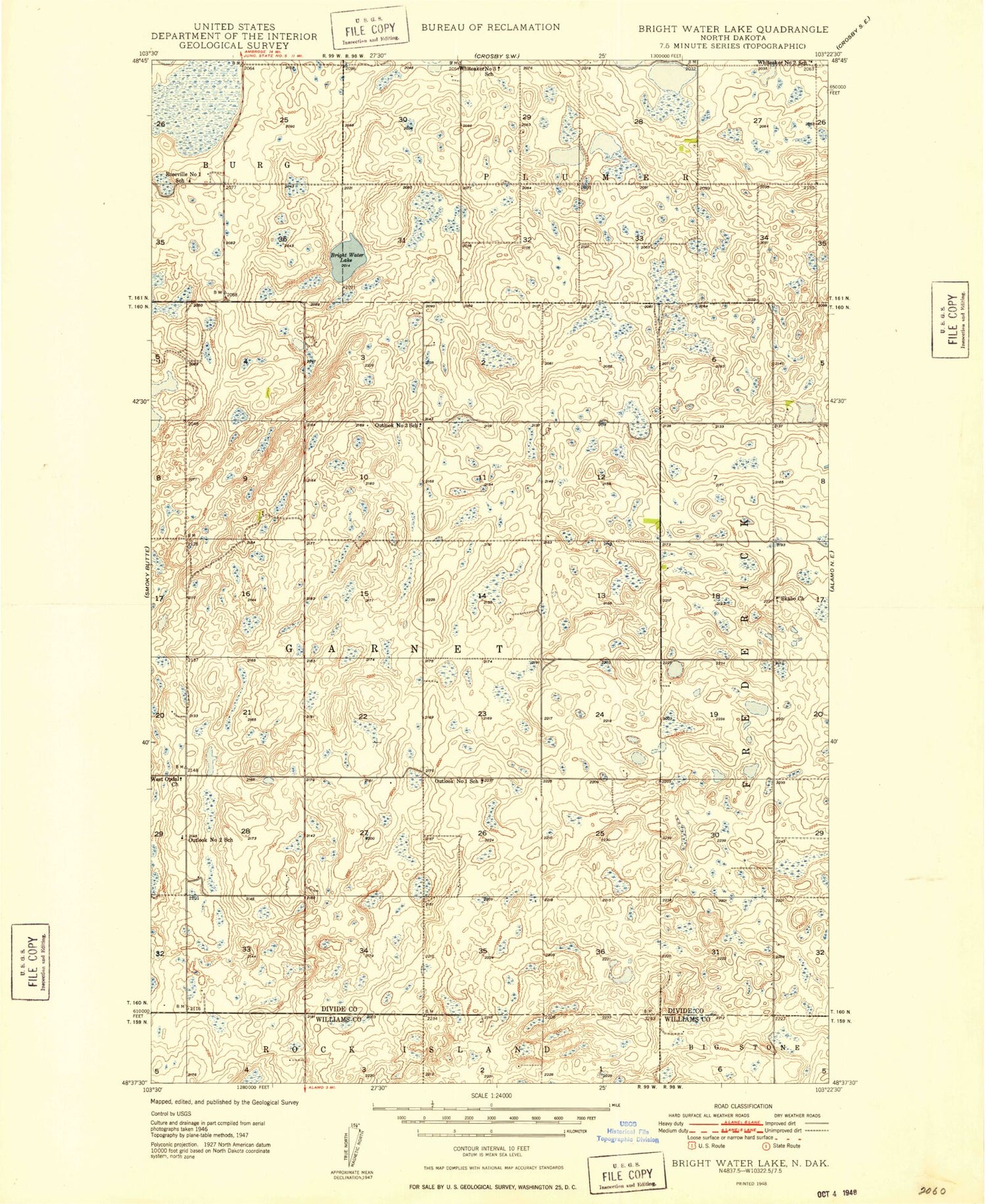 Classic USGS Bright Water Lake North Dakota 7.5'x7.5' Topo Map Image