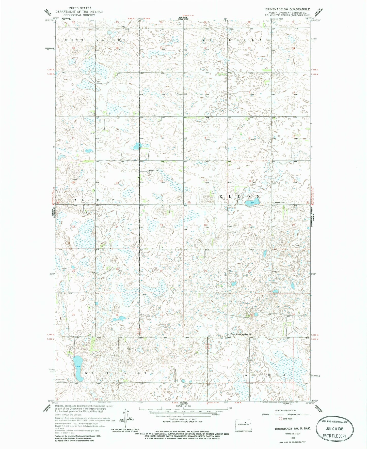 Classic USGS Brinsmade SW North Dakota 7.5'x7.5' Topo Map Image