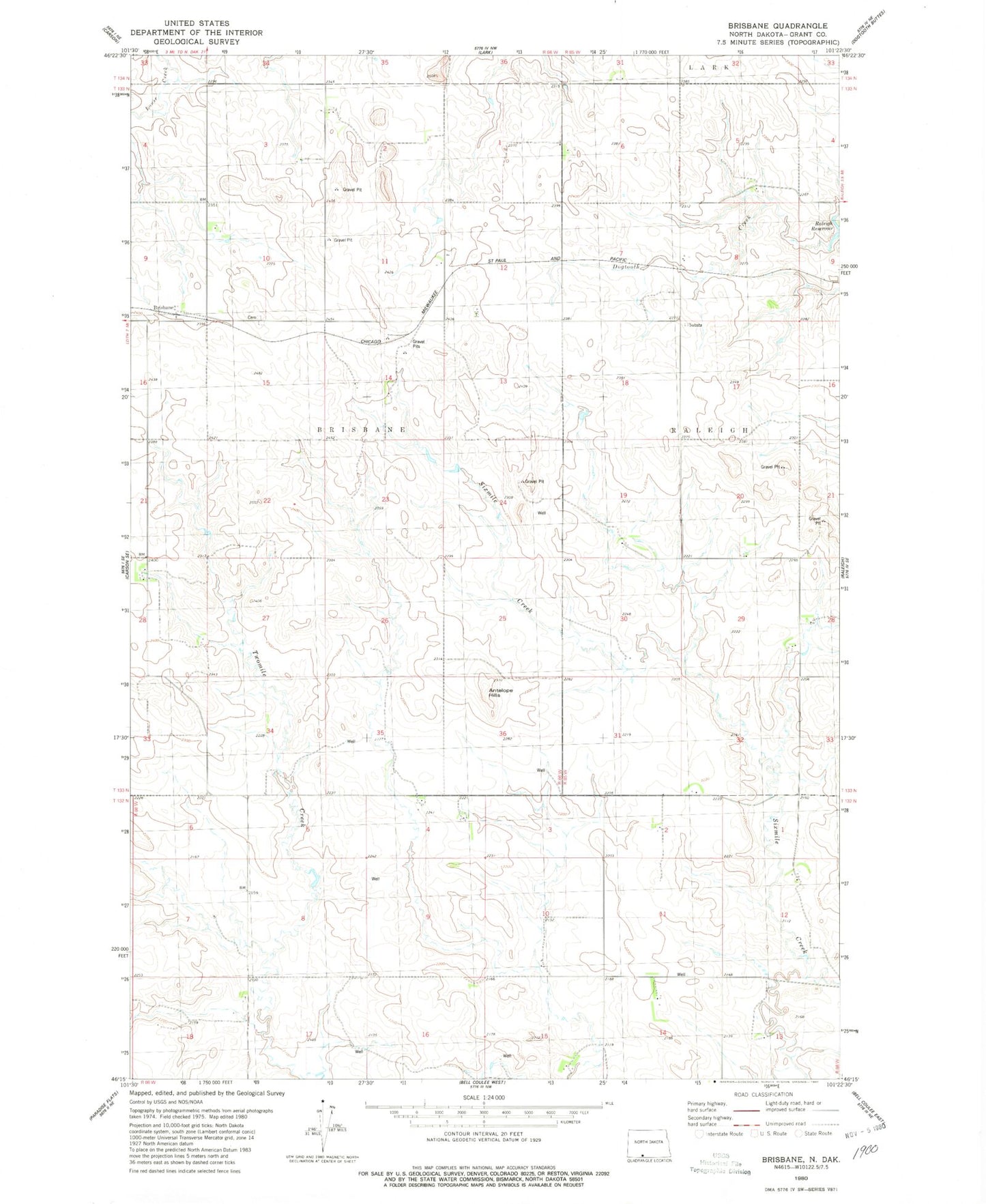 Classic USGS Brisbane North Dakota 7.5'x7.5' Topo Map Image
