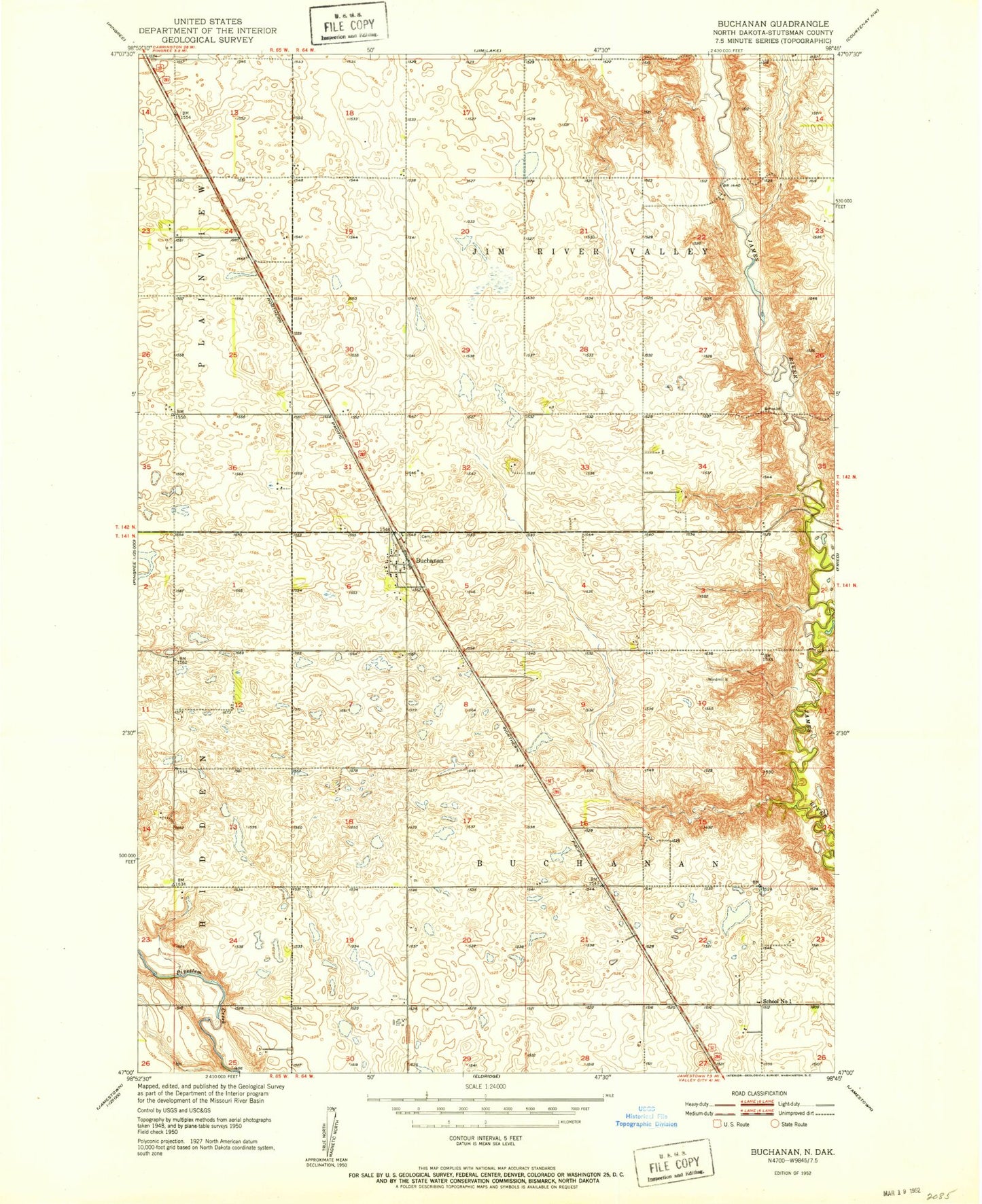 Classic USGS Buchanan North Dakota 7.5'x7.5' Topo Map Image