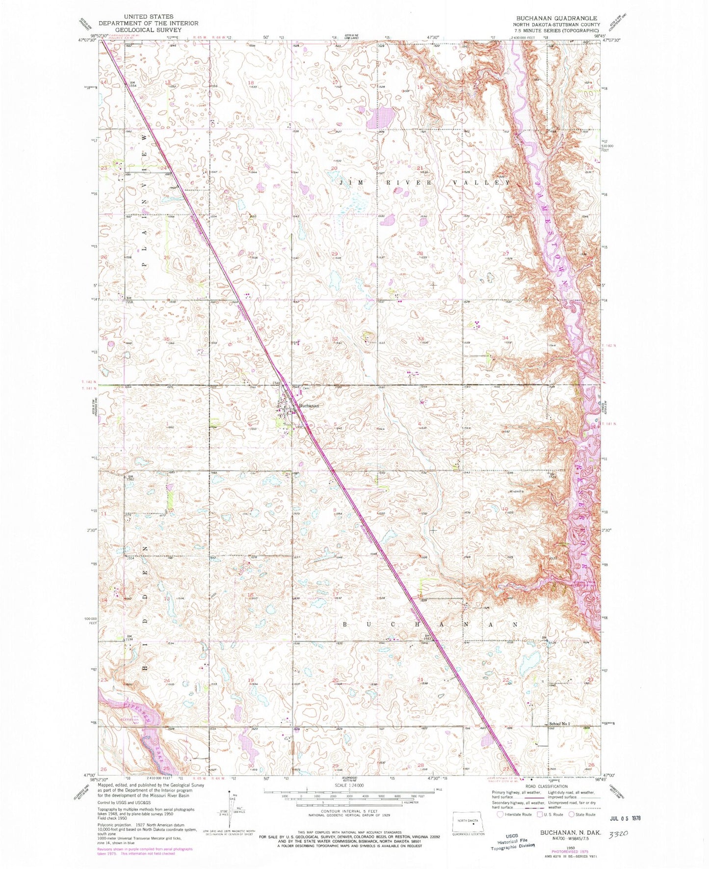 Classic USGS Buchanan North Dakota 7.5'x7.5' Topo Map Image