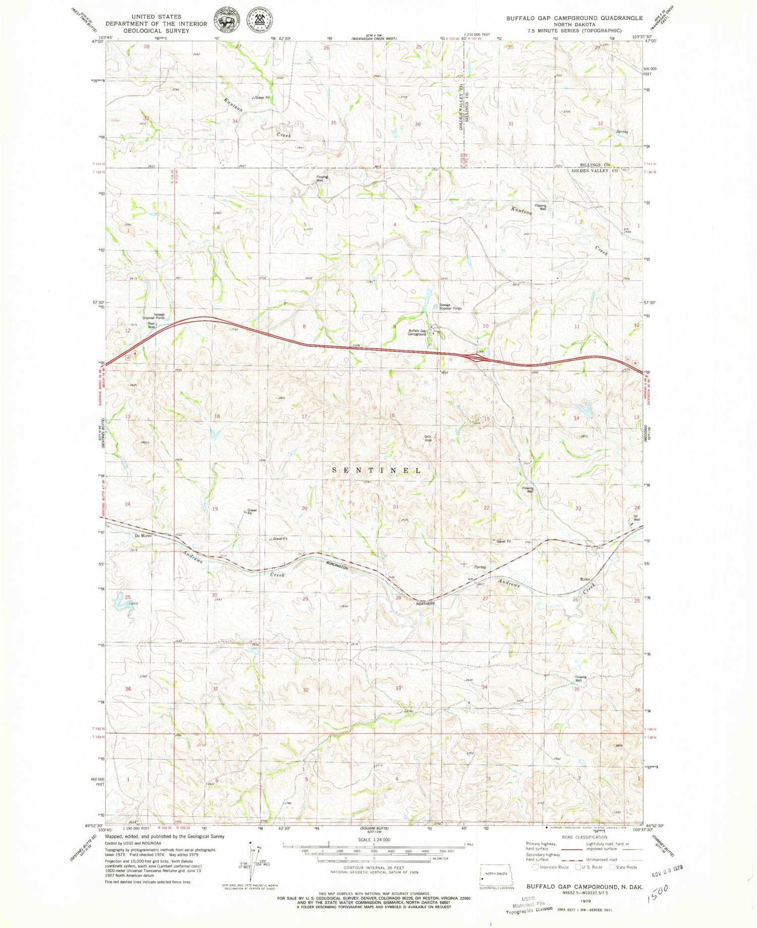 Classic USGS Buffalo Gap Campground North Dakota 7.5'x7.5' Topo Map Image