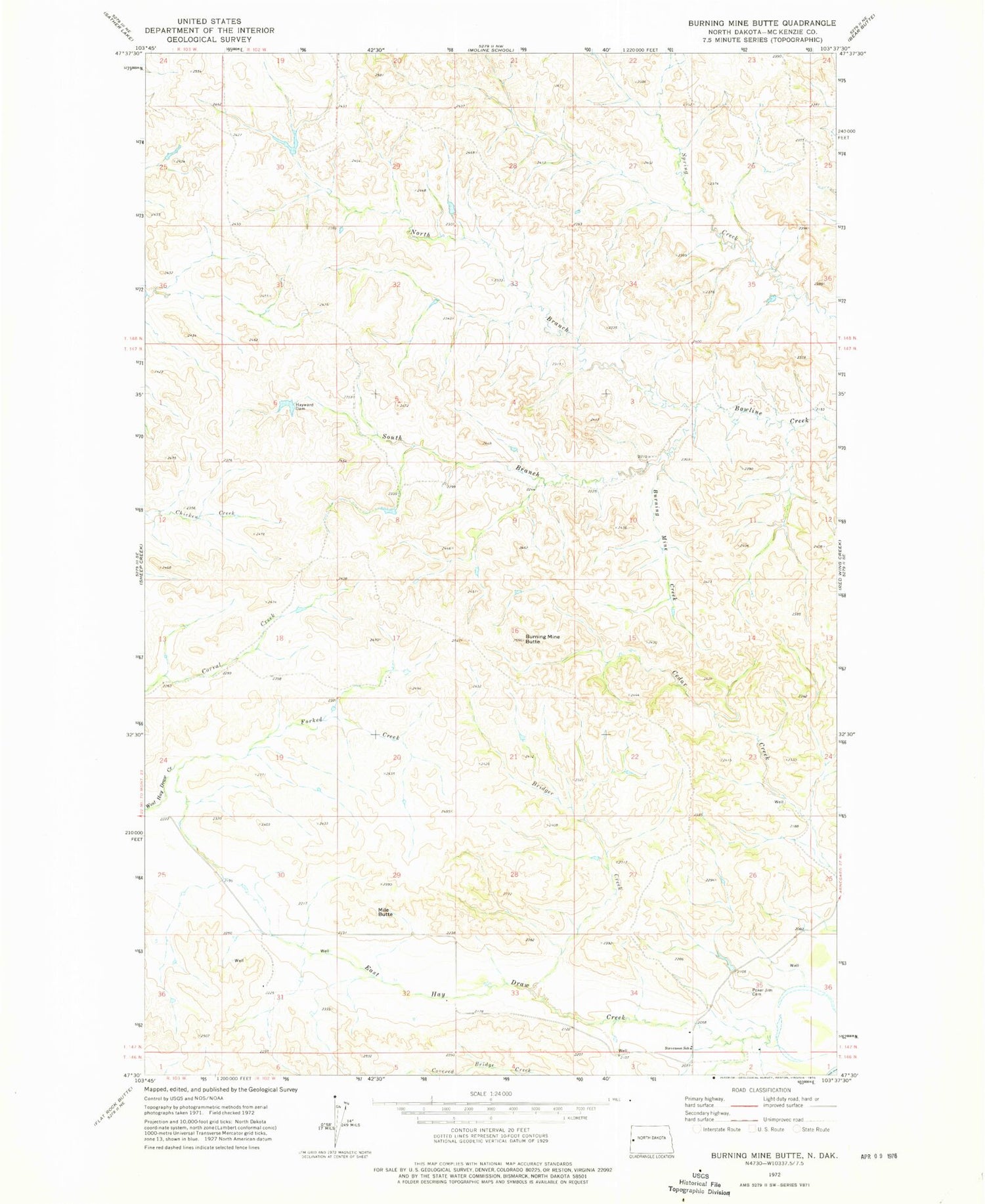 Classic USGS Burning Mine Butte North Dakota 7.5'x7.5' Topo Map Image