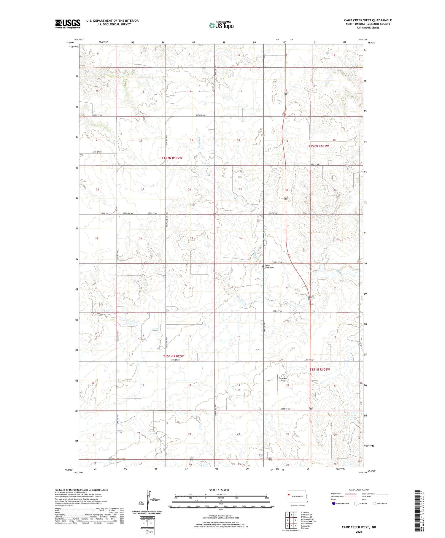 Camp Creek West North Dakota US Topo Map Image