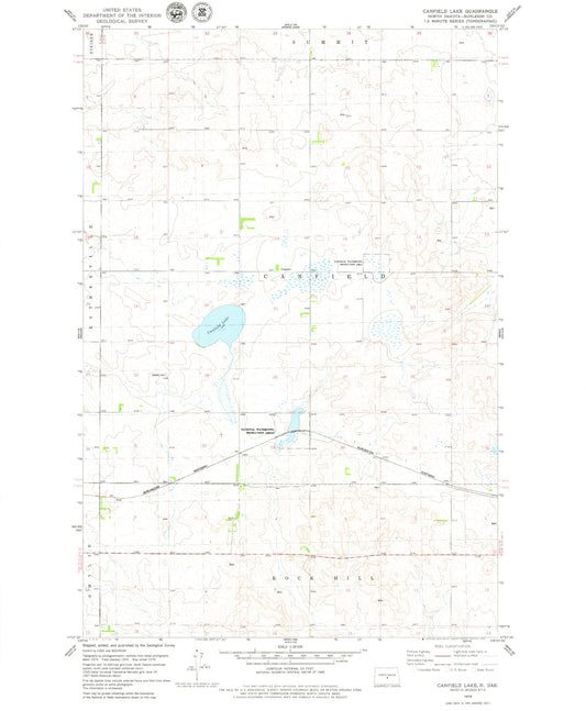 Classic USGS Canfield Lake North Dakota 7.5'x7.5' Topo Map Image