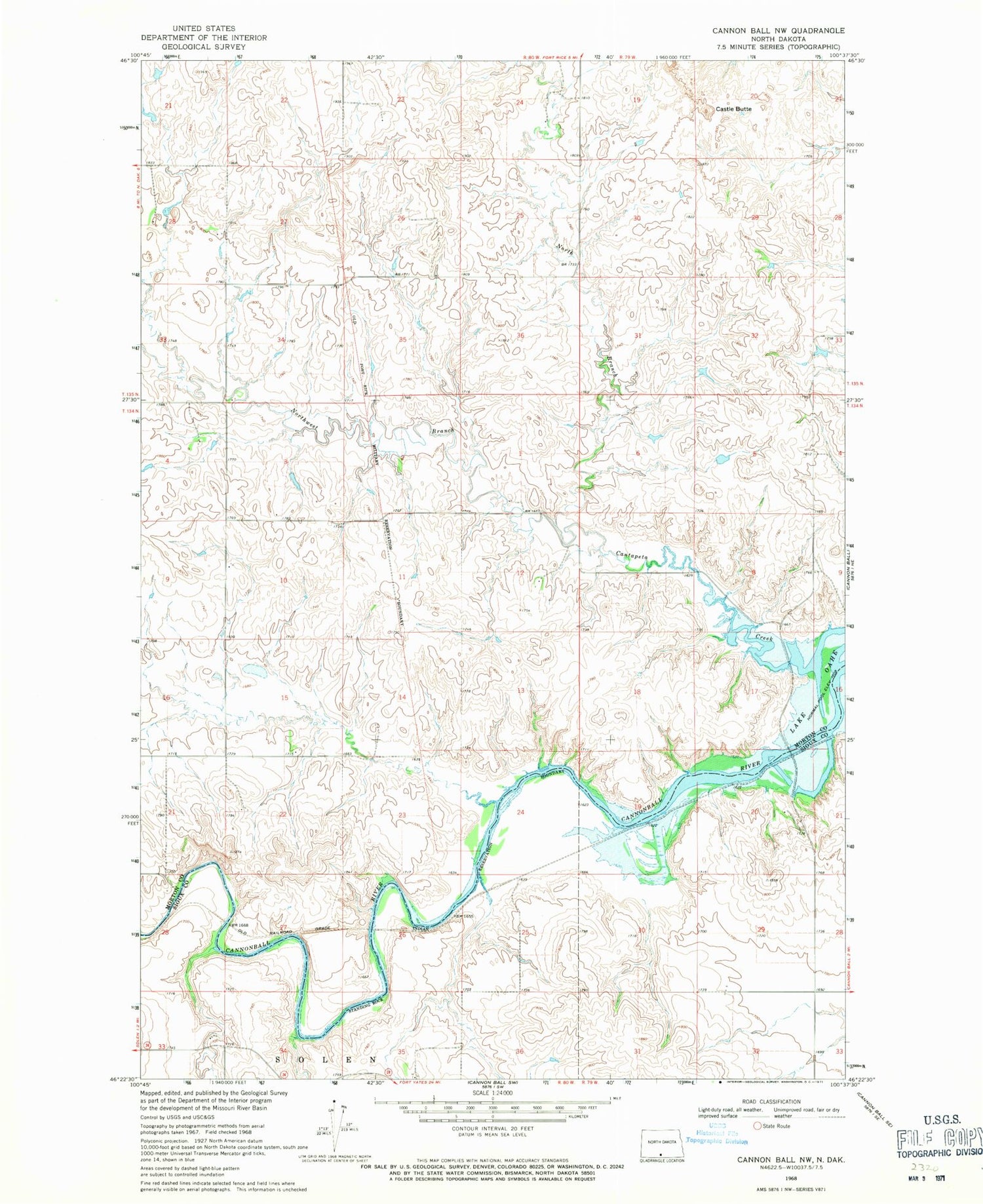 Classic USGS Cannon Ball NW North Dakota 7.5'x7.5' Topo Map Image