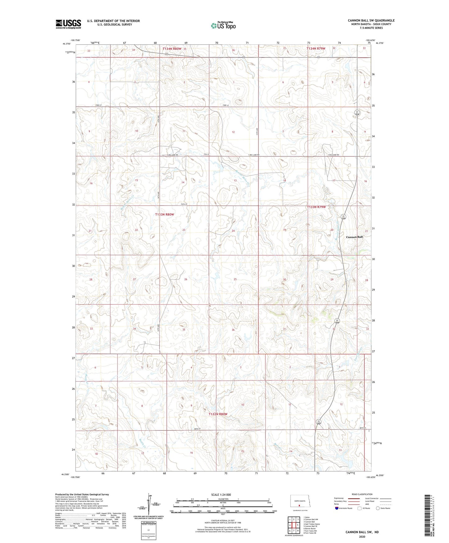 Cannon Ball SW North Dakota US Topo Map Image