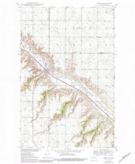 Classic USGS Carpio North Dakota 7.5'x7.5' Topo Map Image