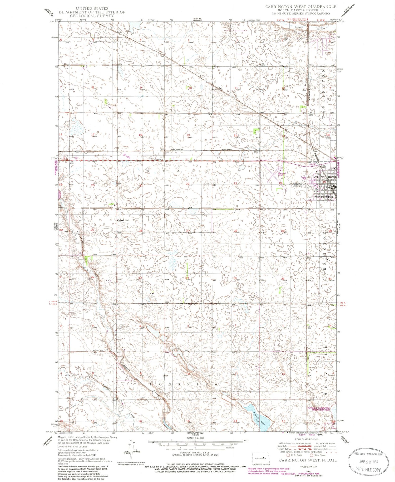 Classic USGS Carrington West North Dakota 7.5'x7.5' Topo Map Image