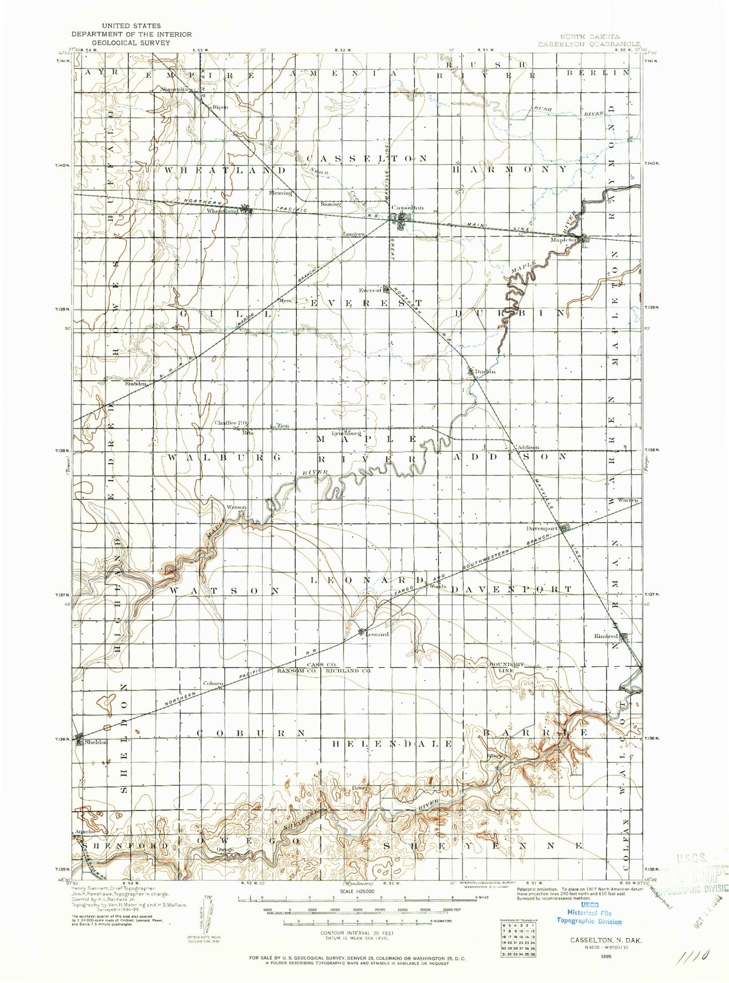 Historic 1895 Casselton North Dakota 30'x30' Topo Map Image