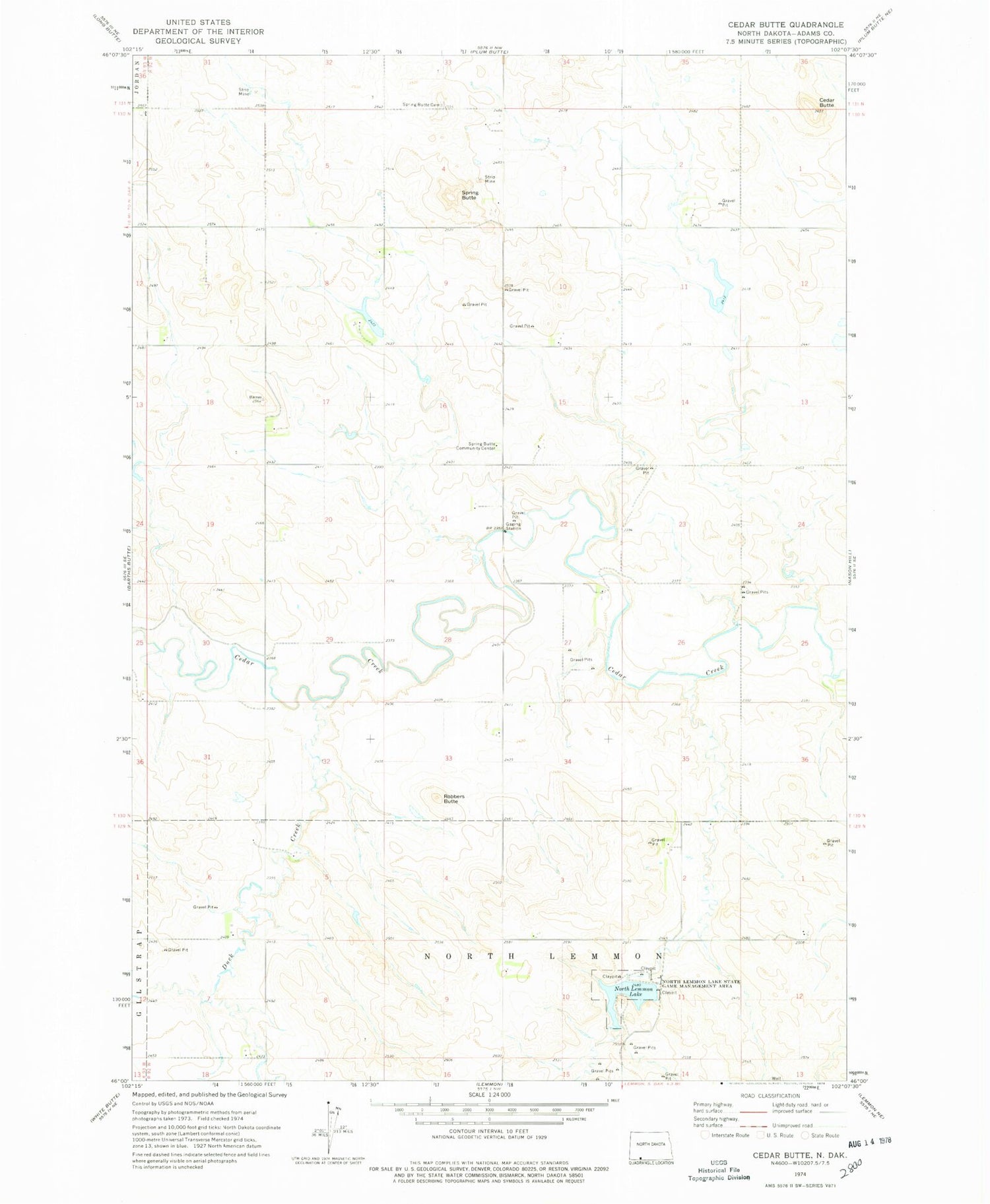 Classic USGS Cedar Butte North Dakota 7.5'x7.5' Topo Map Image